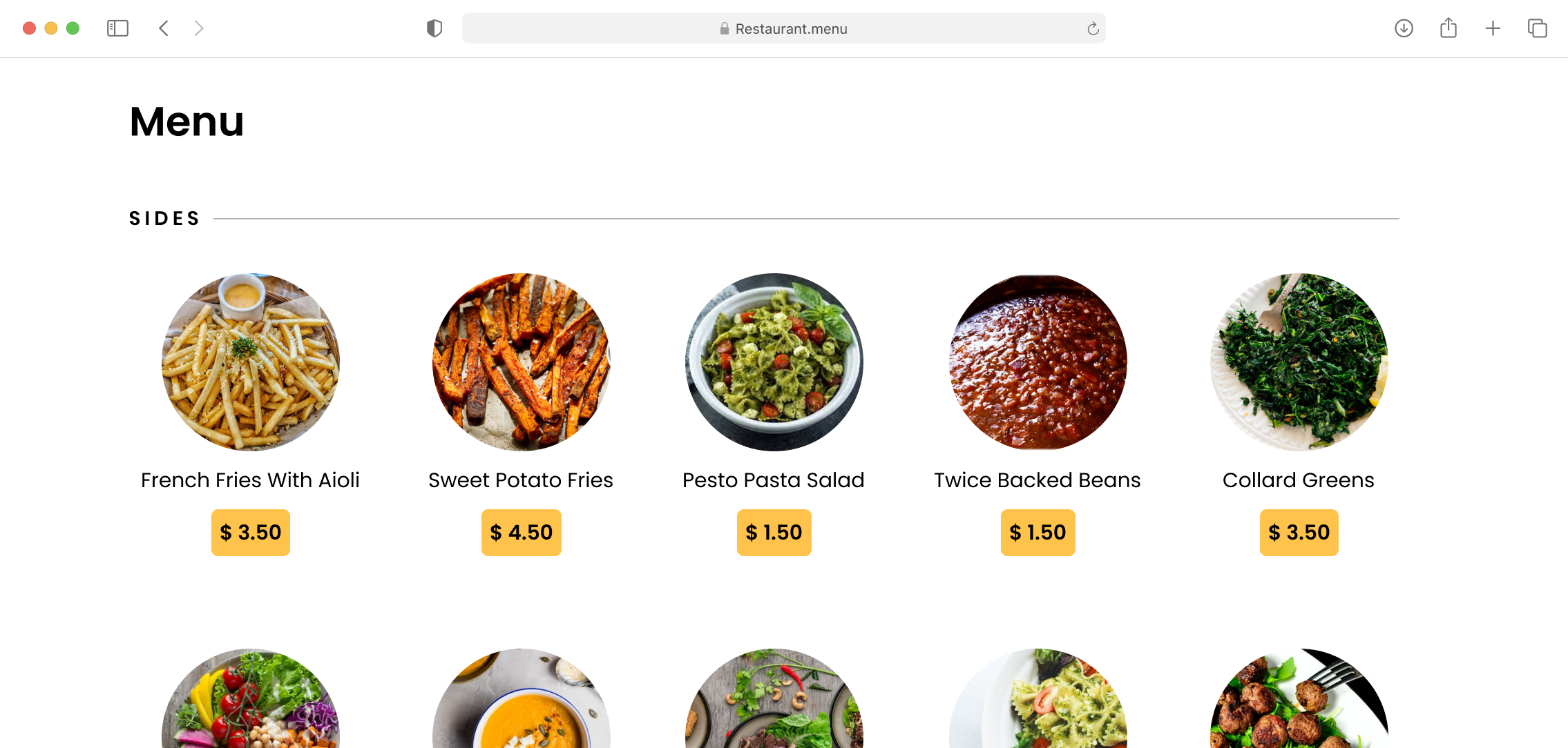 Screenshot of a Restaurant Menu app built with Formidable Views