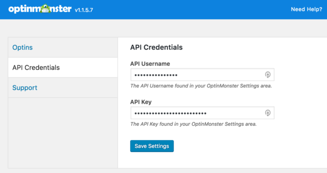 OptinMonster and Formidable Forms: Screenshot showing API credentials in OptinMonster Plugin