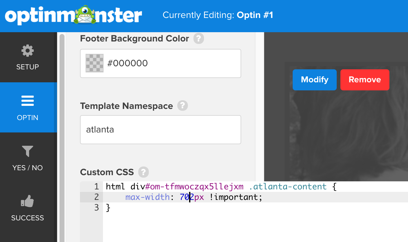 OptinMonster and Formidable Forms custom integration showing custom CSS addition in OptinMonster dashboard