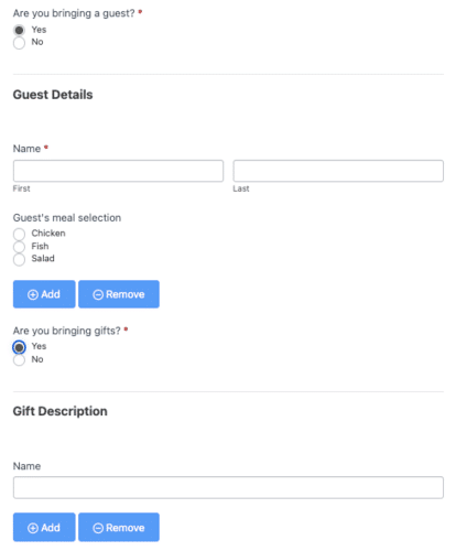 RSVP form for guests with repeater fields and conditional logic