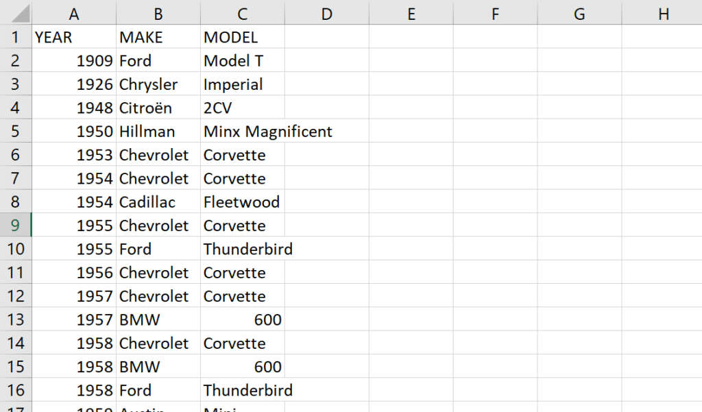 Car information excel spreadsheet