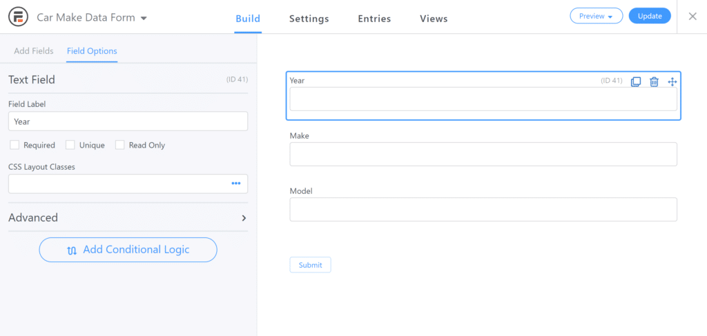 Car make data form example