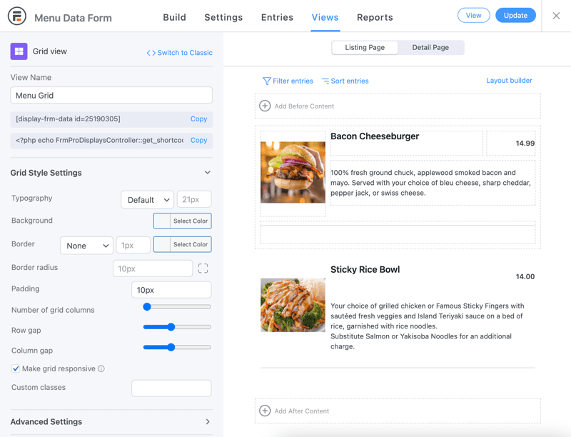 The location of the grid view's shortcode, which users can paste into posts to create a functional WordPress restaurant menu plugin.