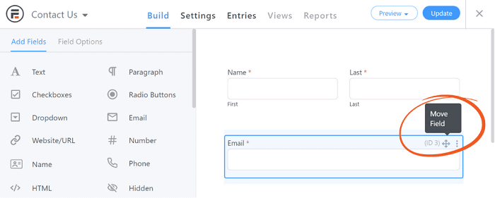 The symbol to drag-and-drop fields inline, which you can use to modify your column form.