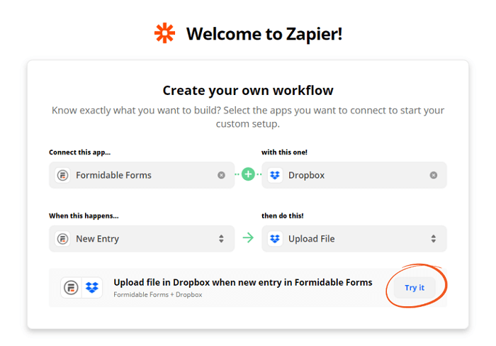 A Zapier menu with the 'try it' button circled.