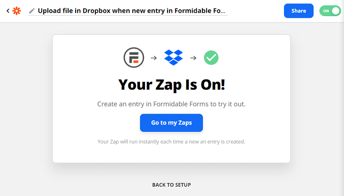 The final success screen after connecting Formidable Forms with Dropbox using Zapier.