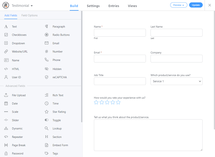 The editing interface for the Testimonial template, which helps you place fields side by side.