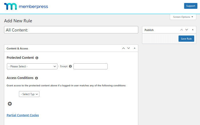 A screen to add a new rule to MemberPress.