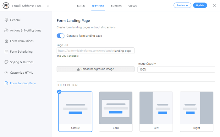 The landing page settings.