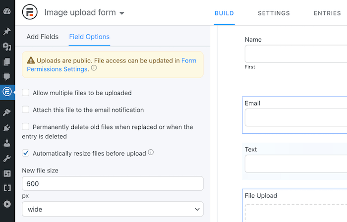 An image upload form in WordPress.