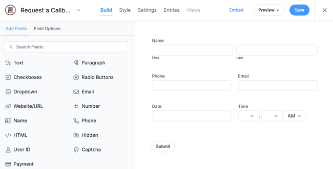 Request a callback template in form builder