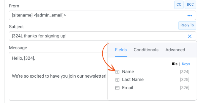 Email personalization examples in the Formidable Forms plugin.