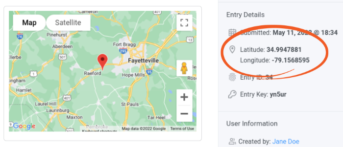 The geolocation data under Form entry details. 