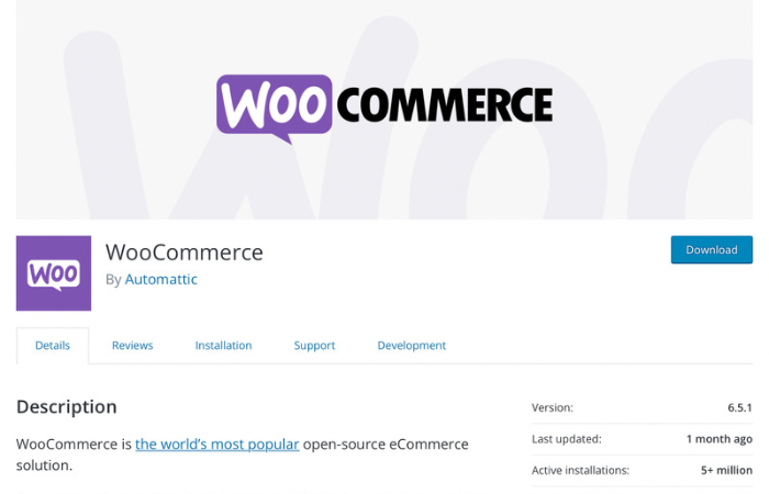WooCommerce plugin page showing description and download button for eCommerce platform.