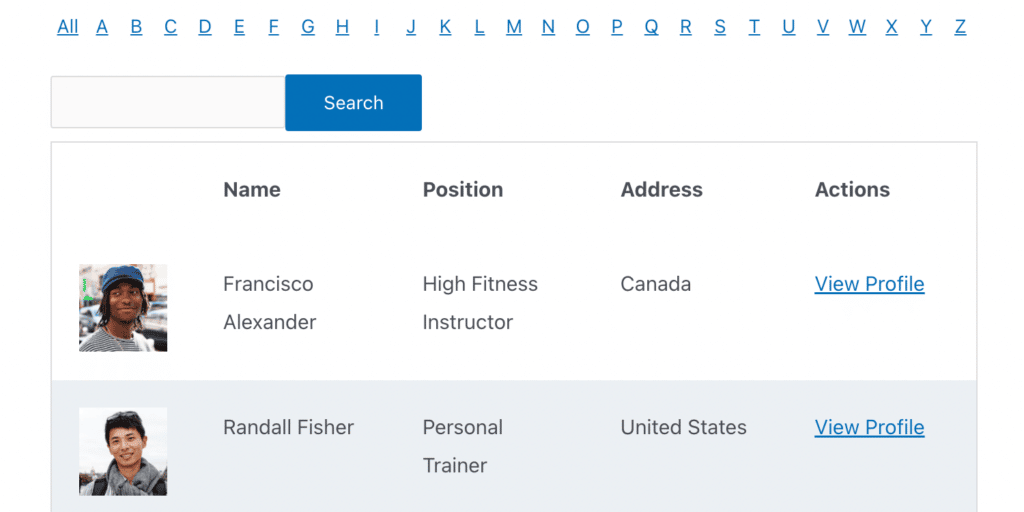 Member directory table with search