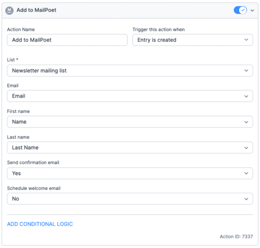 MailPoet Form Action Settings