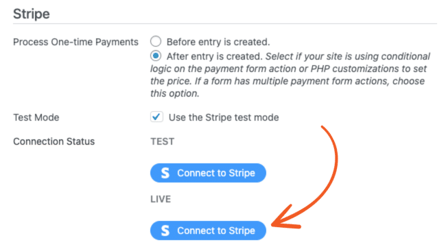 Stripe Live button in Formidable Forms settings