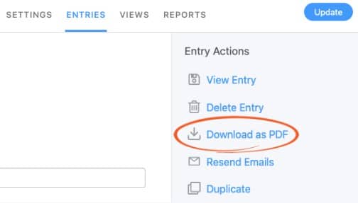 In the Form Entries, select Download as PDF