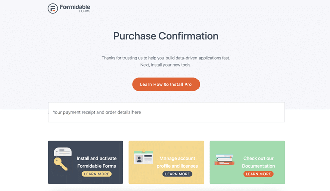 Order confirmation WordPress thank you page example from Formidable Forms