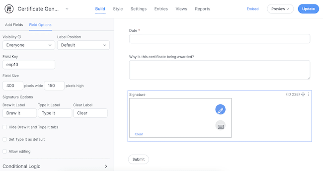 Electronic signature field settings