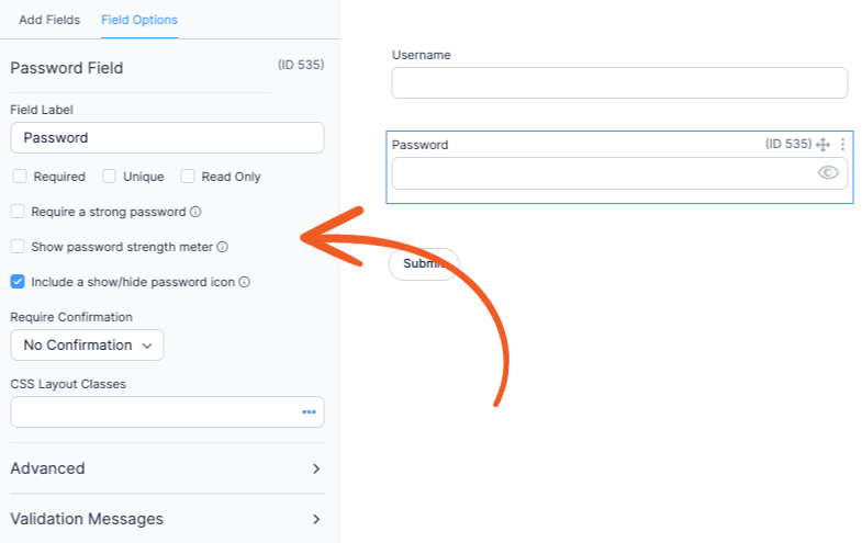 Password Field Options settings