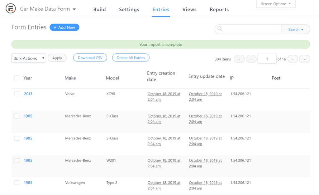 Form entries page