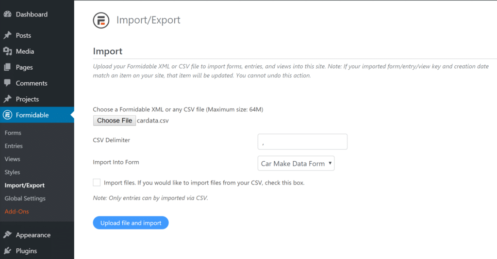 Import/export page