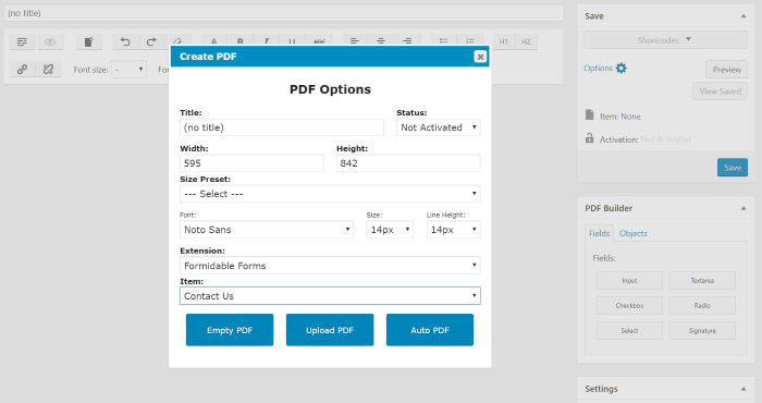 e2PDF PDF options in WordPress