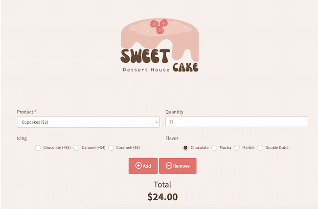 Bakery website online order form with price calculator