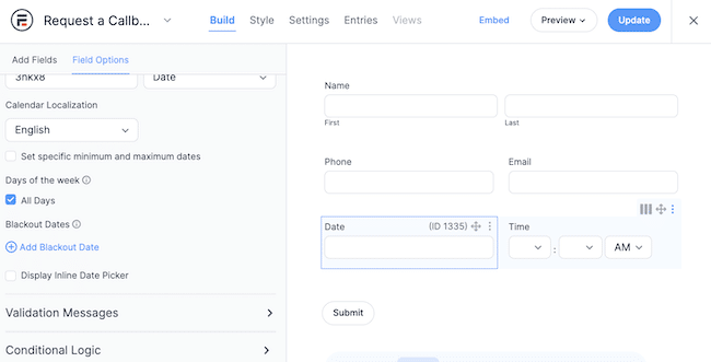 Edit a form field in a request a callback form