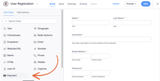 Add payment field to registration form template