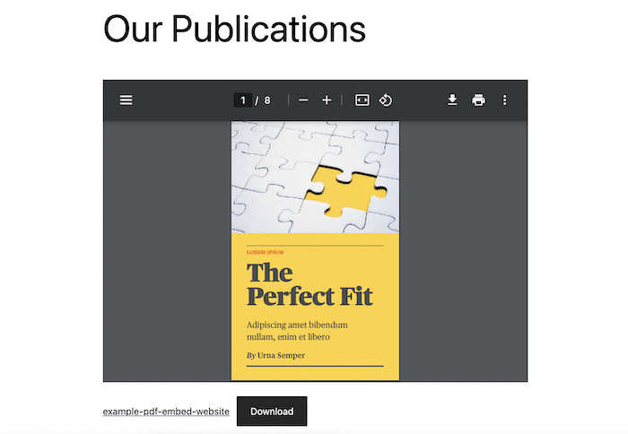 Example of PDF embedded in WordPres website using block editor