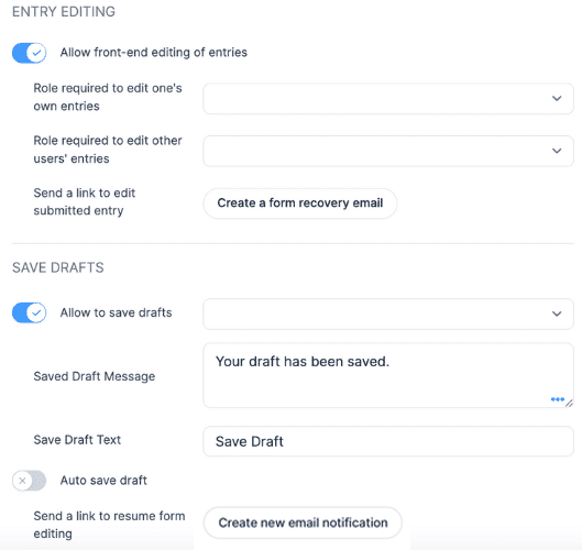 Formidable Forms settings for saving drafts