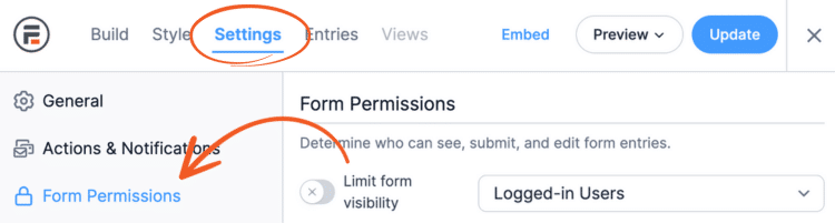 Formidable's form permissions page under settings