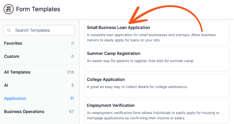 Formidable's form templates page with an arrow pointing at the Small Business Loan Application template