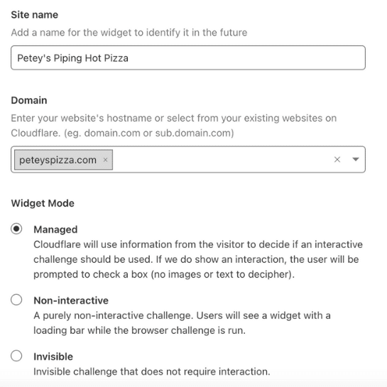 Cloudflare Turnstile website setup page