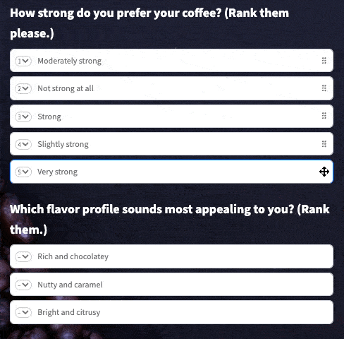 Formidable Forms example ranking survey with drag and drop and click to rank features