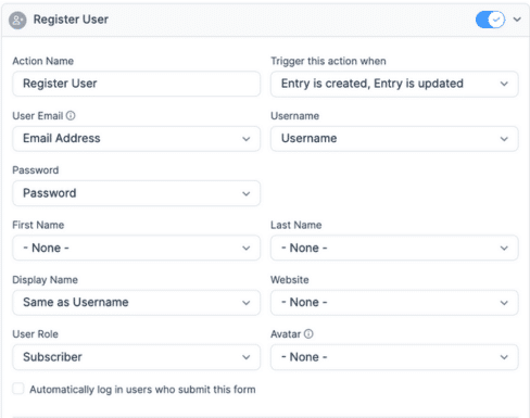 Formidable Forms Register User form action and settings