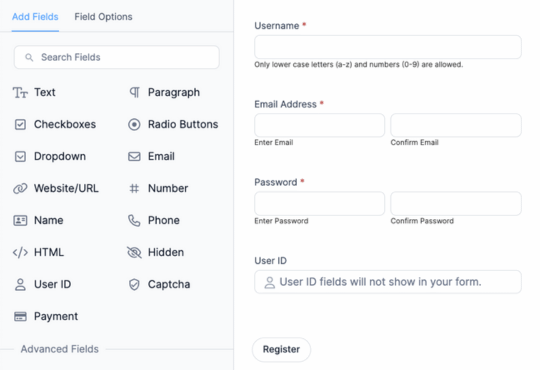 Simple user registration form example with a user id field, email, and password