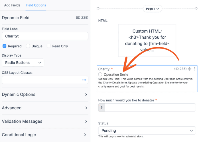 Formidable Forms donation form settings