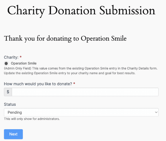 The Charity Donation Submission Page with the charity donation form on it.