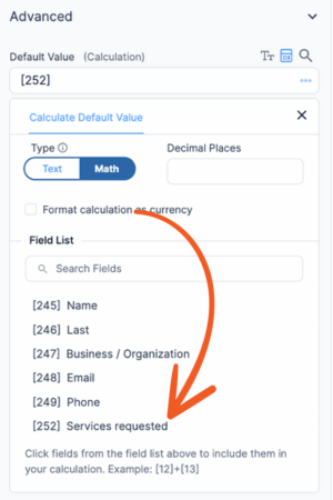 Advanced settings for a default value field in a WordPress form editor, with an option to calculate the default value using math. A list of field shortcodes is shown, with an arrow indicating to click fields to include them in the calculation.