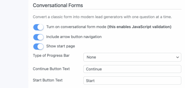 Conversational form settings