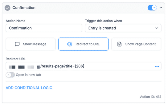 The confirmation form action in Formidable Forms form settings