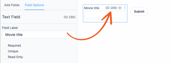 A red arrow points to the field ID of the movie title field