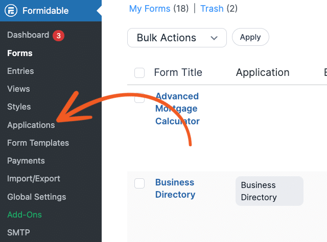 Formidable Forms applications tab