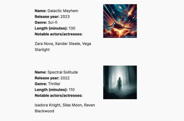 An example movie list with Galactic Mayhem and Spectral Soltitude as the titles