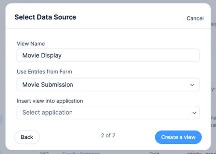 The data source page with the View name, form the entries come from, and an application