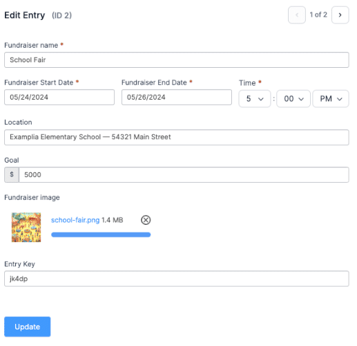 A completed fundraiser form entry