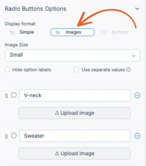 The radio buttons options with an arrow pointing at the images option